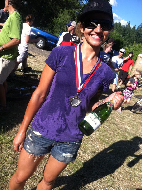 carolynn with the winners spoils at hood river enduro